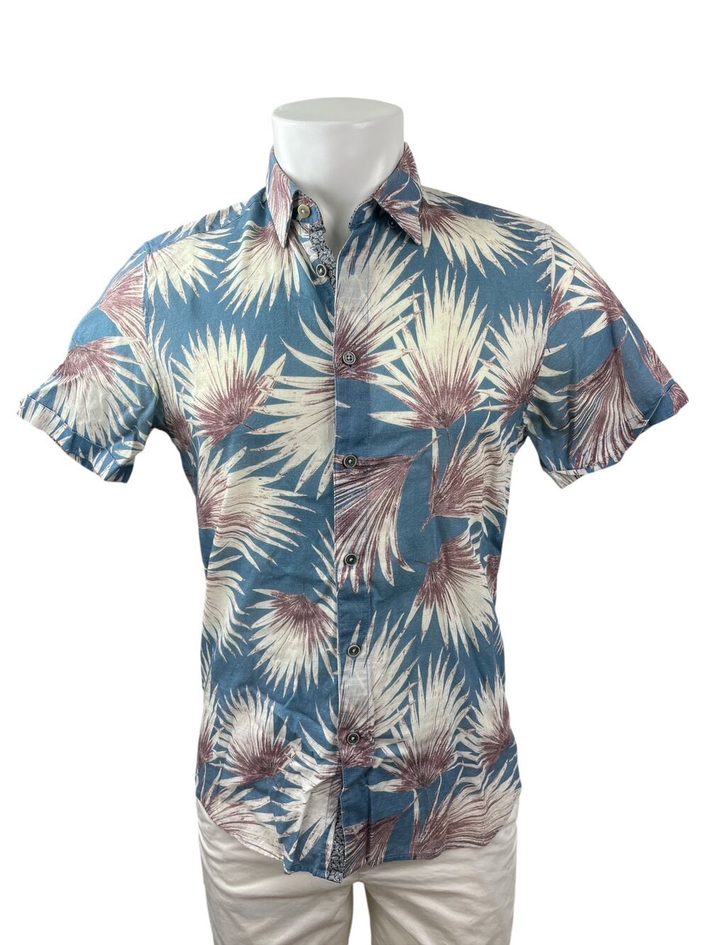 Ted Baker Men's Blue Leaf Hawaiian Short Sleeve Button Down Shirt Top Size M